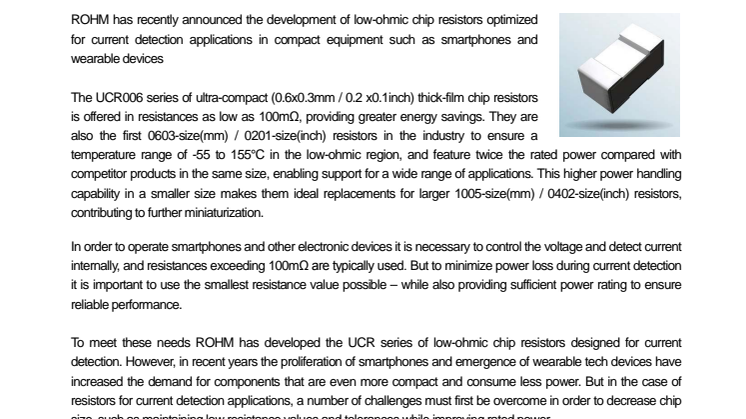 New Class-Leading 0603-Size(mm) 100mΩ Chip Resistors for Current Detection  -Contributes to greater miniaturization and energy savings in smartphones and wearable devices-