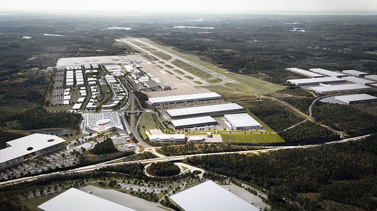Zeppelins blivande vinkelbyggnad syns i mitten av bilden, närmast bortom R40 och till höger om uppfarten till flygplatsen. Bild: Semrén & Månsson/Soul