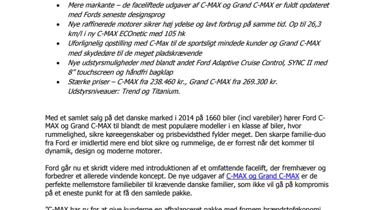 C-MAX og Grand C-Max - Fords dynamiske og praktiske duo klar med stærke forbedringer  