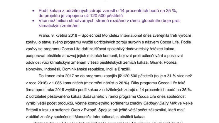 Mondelēz International oznamuje rychlý rozvoj  svého programu Cocoa Life na podporu  udržitelného pěstování kakaa 