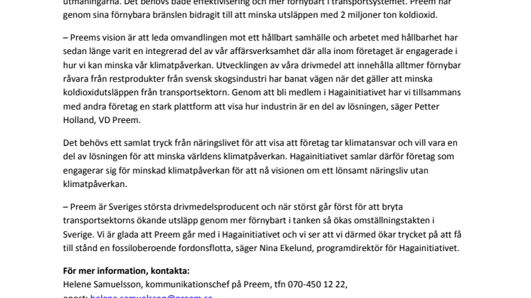 Preem blir ny medlem i Hagainitiativet