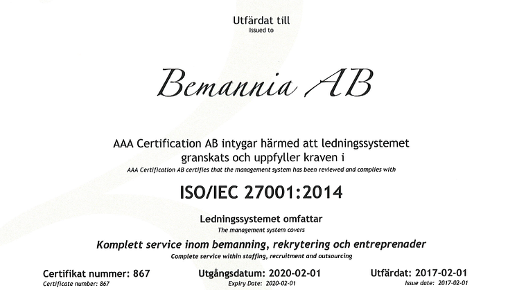 Bemannia är nu kvalitetscertifierat enligt ISO 27001:2014