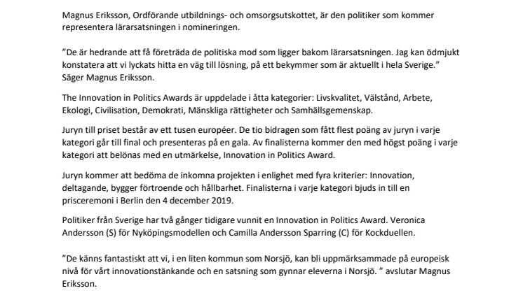 Norsjö kommuns lärarsatsning nominerad till europeiskt pris