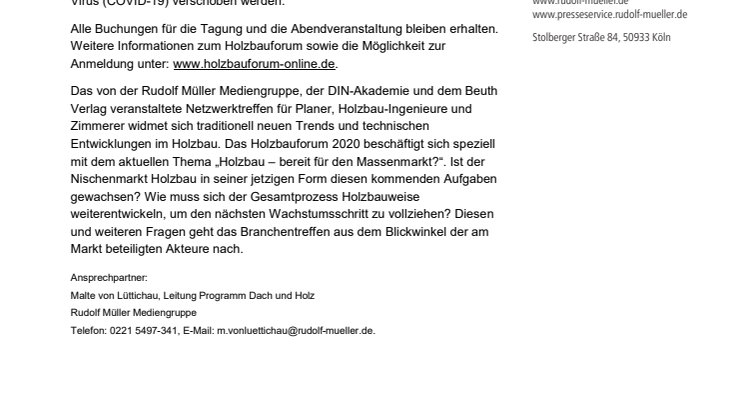 Holzbauforum 2020 findet am 1. und 2. Oktober 2020 statt