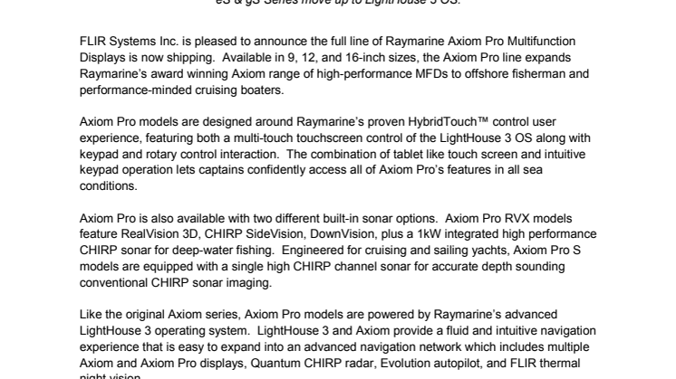 Raymarine - METSTRADE: Raymarine Expands Axiom and LightHouse 3 Offerings