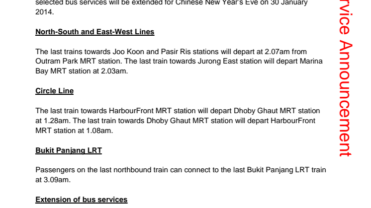 SMRT Travel Advisory for Chinese New Year’s Eve 2014