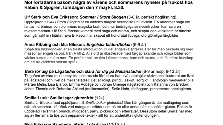 Rabén & Sjögren bjuder på bokfrukost torsdagen den 7 maj 2015