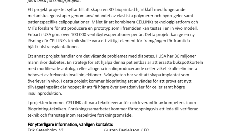 CELLINK har ingått samarbetsavtal med MIT i USA