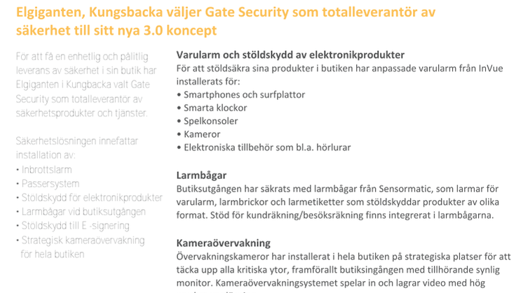 PDF: Elgiganten, Kungsbacka väljer Gate Security som totalleverantör av säkerhet till sitt nya 3.0 koncept