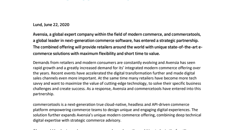 Avensia and commercetools announce strategic partnership to deliver next generation e-commerce solutions to retailers around the world