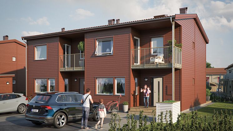 Illustration av entrésida, parhusen i BoKlok Alven, Växjö.