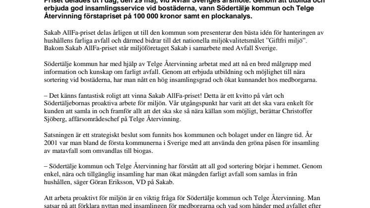 Sakab AllFa-priset går till Södertälje kommun och Telge Återvinning för strategisk satsning mot farligt avfall