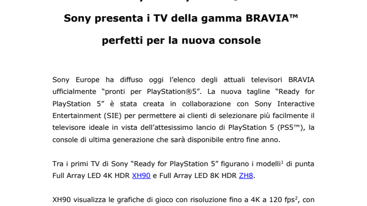 “Ready for PlayStation®5”:  Sony presenta i TV della gamma BRAVIA™ perfetti per la nuova console 