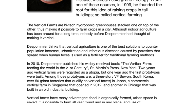 BIO of Dr. Dickson Despommier - speaker at the Urban Agriculture Summit 2013