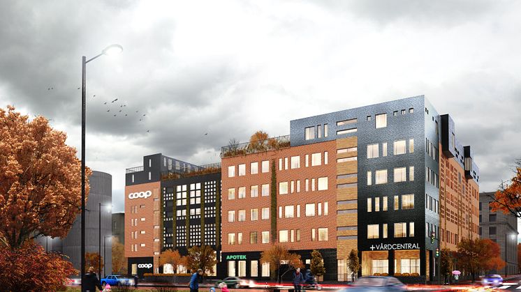 Bostäder, förskola, p-hus, kontor, affär, vårdcentral, apotek och kafé ryms i multihuset på Övägen. Illustration: Kamikaze arkitekter