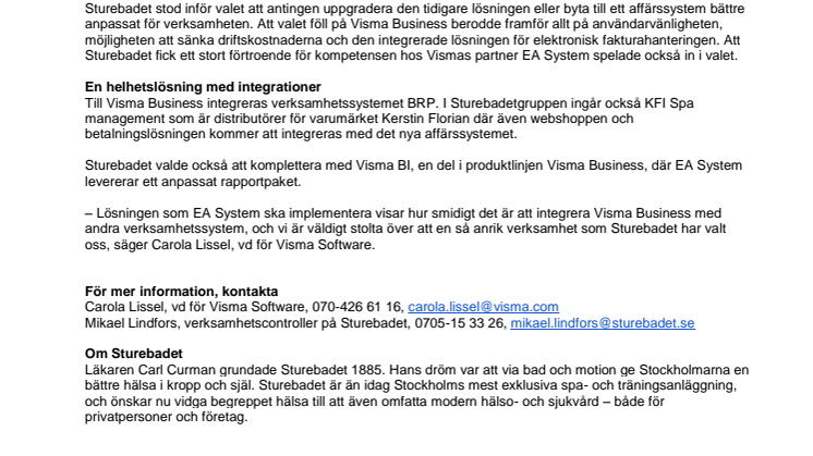 ​Sturebadet väljer affärssystem från Visma