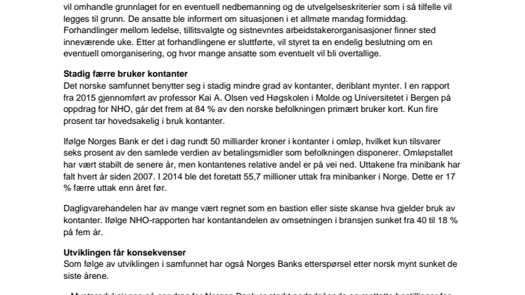 ​Myntverket varsler mulige kutt etter vedvarende fall i bruk av kontanter