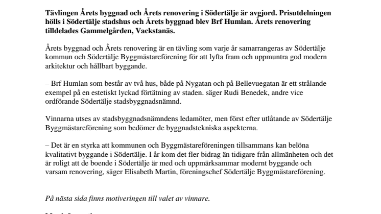 Brf Humlan vinnare av Årets byggnad och Gammelgården vinnare av Årets renovering i Södertälje