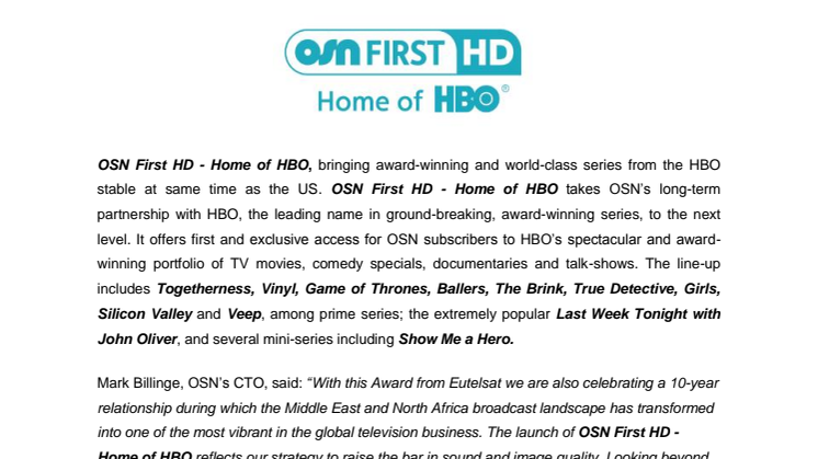 ​OSN First HD - Home of HBO receives Special Award from Eutelsat as 6000th channel on its fleet 