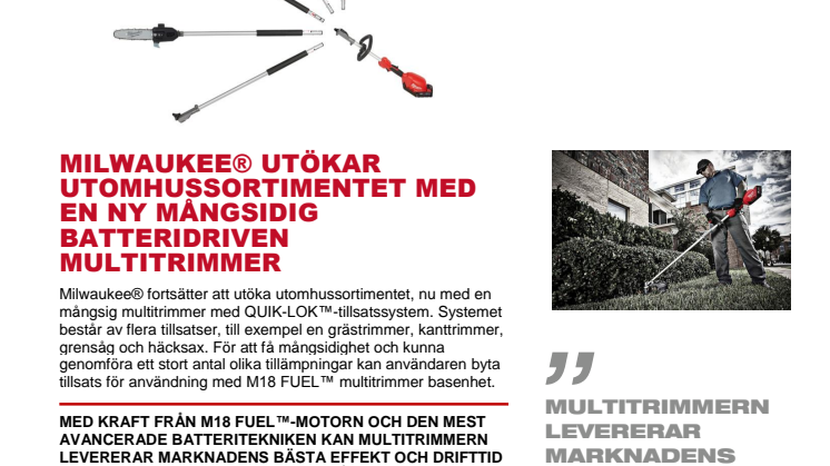Milwaukee® utökar utomhussortimentet med batteridriven och mångsidig multitrimmer