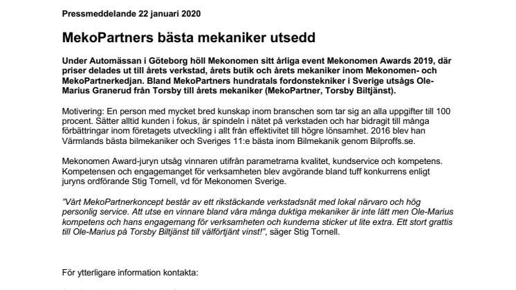 MekoPartners bästa mekaniker utsedd
