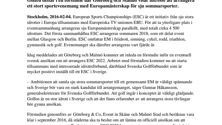 Svenska Golfförbundet positivt till European Sports Championships i Sverige 2022