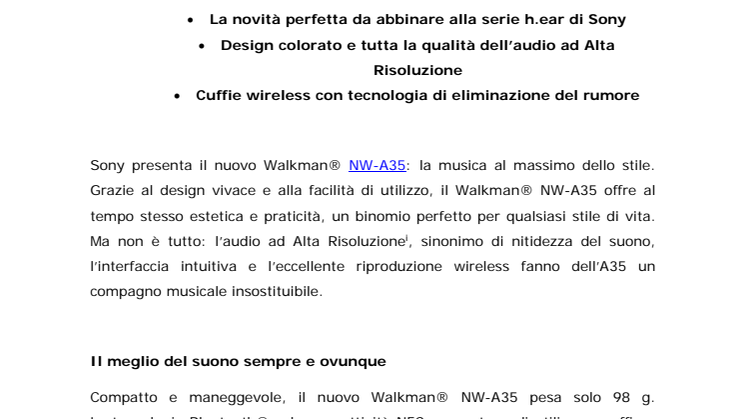 Nuovo Walkman® NW-A35: la qualità Hi-Res Audio in grande stile