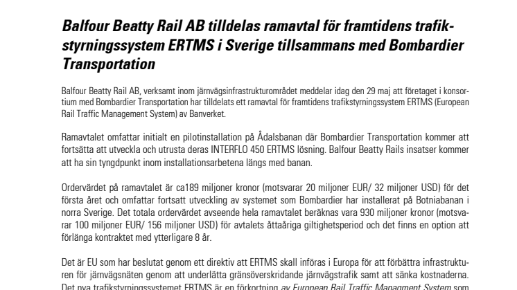 Balfour Beatty Rail AB tilldelas ramavtal för framtidens trafikstyrningssystem ERTMS i Sverige tillsammans med Bombardier Transportation