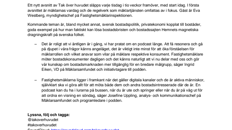 Premiär för Mäklarsamfundets podcast ”Tak över huvudet”