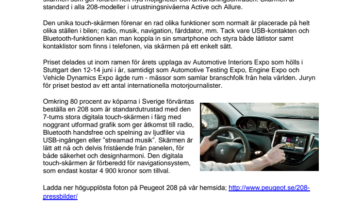 Peugeot 208 får pris för sin innovativa touch-screen