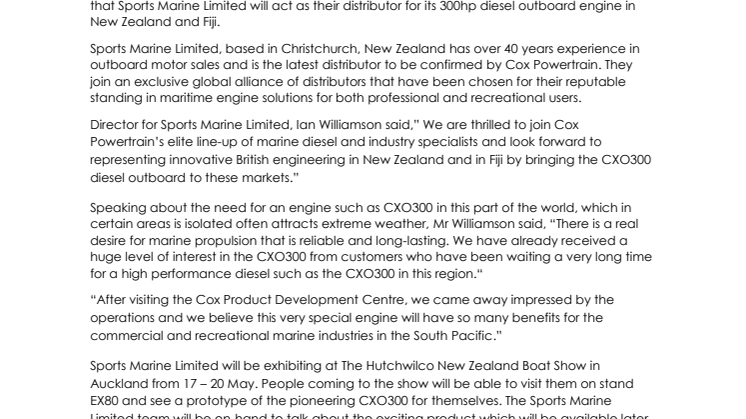 Cox Powertrain: New Zealand's Sports Marine Joins Cox Powertrain's Global Distributor Line-Up