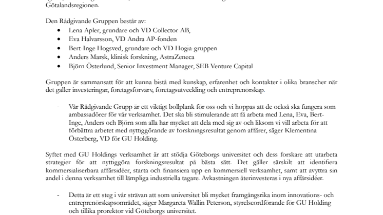 GU Holding stärks med en Rådgivande Grupp 