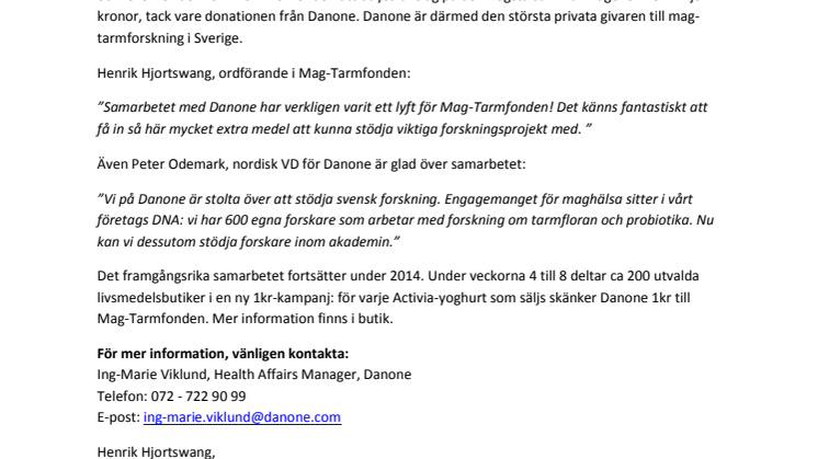 Danone skänker rekordsumma till svensk mag-tarmforskning - största privata givaren i Sverige