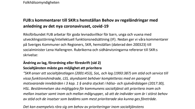 FUB kommenterar SKR:s hemställan om regeländringar