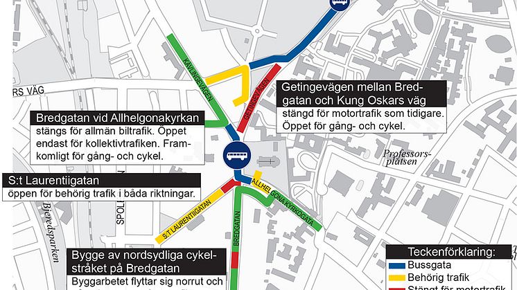 Från och med den 24 oktober blir Bredgatan vid Allhelgonakyrkan bussgata. Karta: Lunds kommun.
