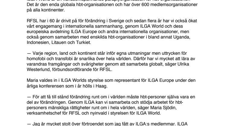 Maria Sjödin från RFSL invald i ILGA Worlds styrelse