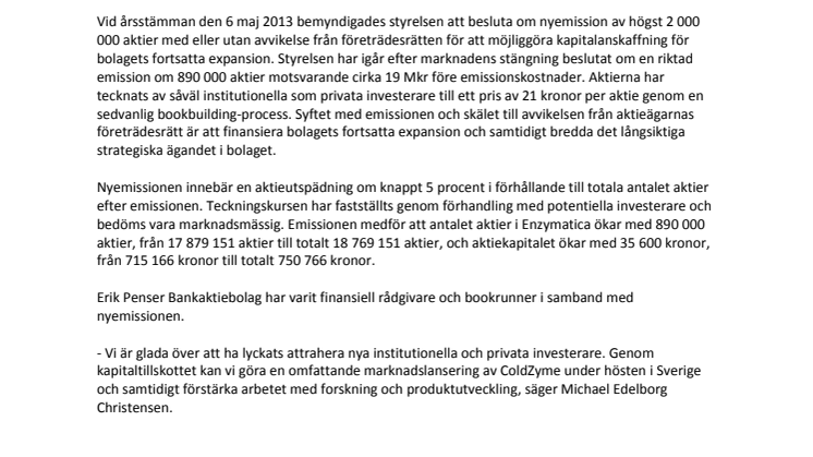 Enzymatica genomför en riktad emission på ca 19 Mkr