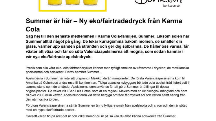 Summer är här – Ny eko/fairtradedryck från Karma Cola
