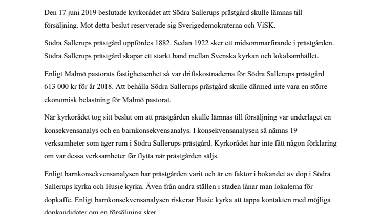 Stoppa försäljningen av Södra Sallerups prästgård