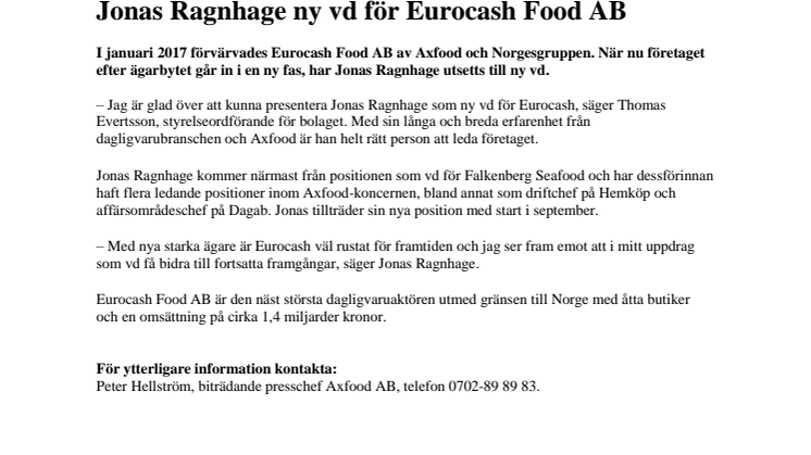      Jonas Ragnhage ny vd för Eurocash Food AB