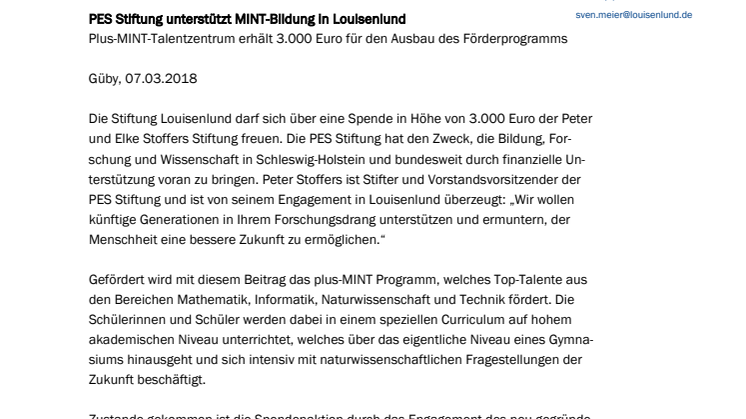 Pressemitteilung: Spendenübergabe PES Stiftung an Stiftung Louisenlund