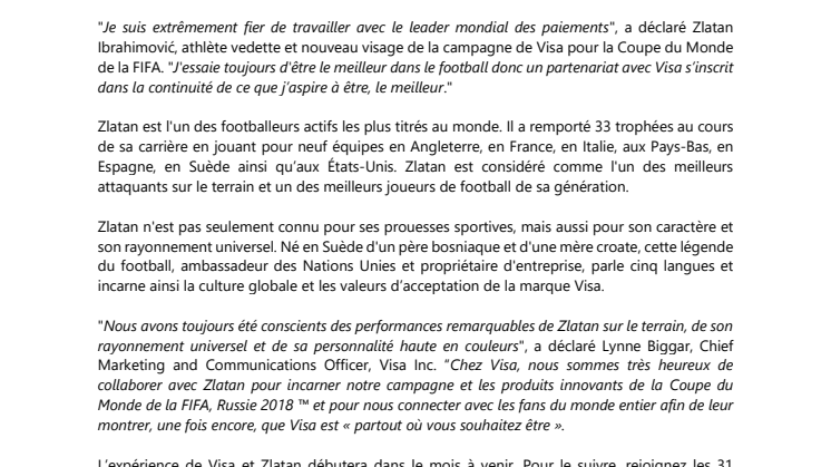 Zlatan Ibrahimović s’associe à Visa  en vue de la Coupe du Monde de la FIFA, Russie 2018™