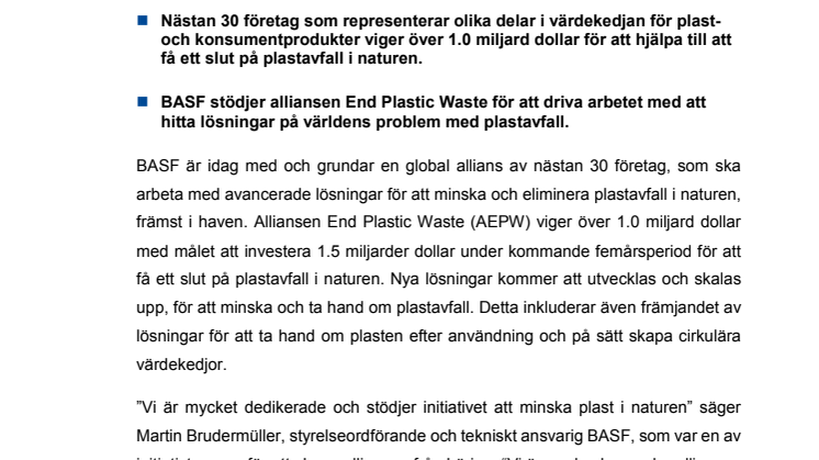 BASF medgrundare av alliansen End Plastic Waste