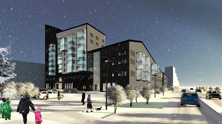 Kvällsbild Malmvägen - Kirunabostäder, Kiruna. Bild Norconsult (tidigare Arkitekthuset Monarken AB)