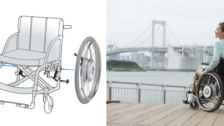 車いす用電動アシストユニット「JWX-2」（左）と電動アシスト車いす「JWスウィング」