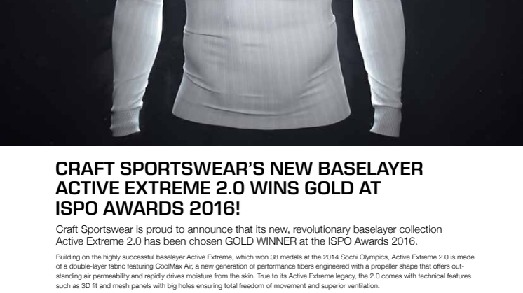 Craft Sportswear's new baselayer Active Extreme 2.0 wins GOLD at ISPO Awards 2016!