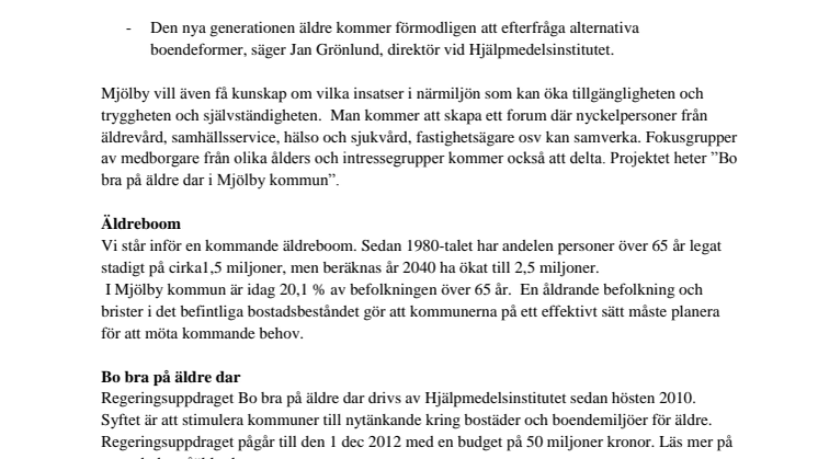 Stöd åt Mjölby för arbete med bostäder åt äldre och god arbetsmiljö