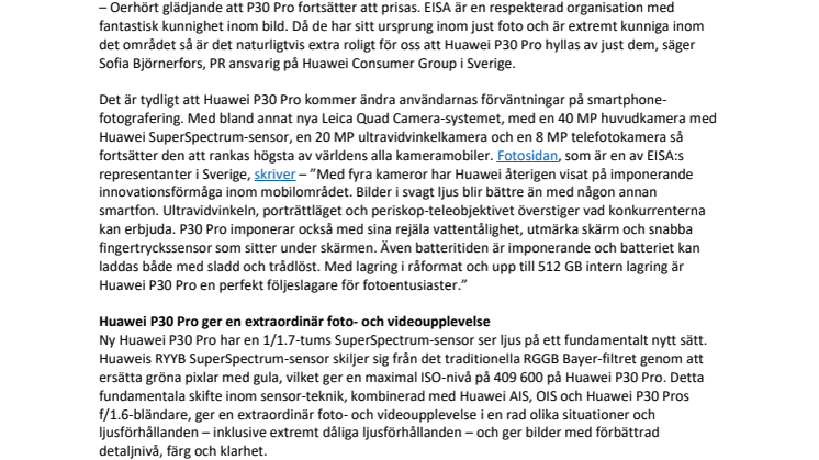 EISA utser Huawei P30 Pro till årets bästa mobil