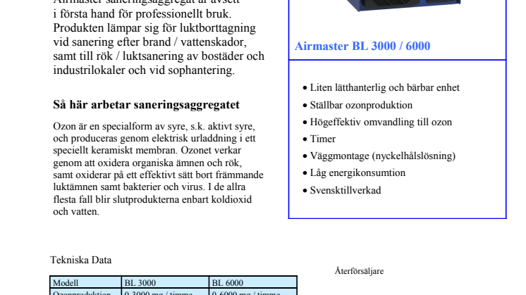 Airmaster BlueLine BL 3000-6000, produktblad