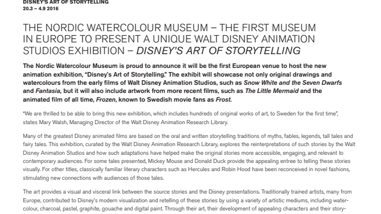 Walt Disney Animation Studios’ unika utställning Disney – Konsten att berätta på Nordiska Akvarellmuseet